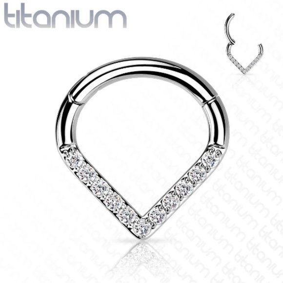 Implant Grade Titanium Hinged Segment Nose Ring Septum Hoop Ring Single Line CZ - Picture 7 of 9